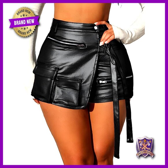 High Waisted Faux Leather Cargo Skort with Pockets Asymmetrical Hem